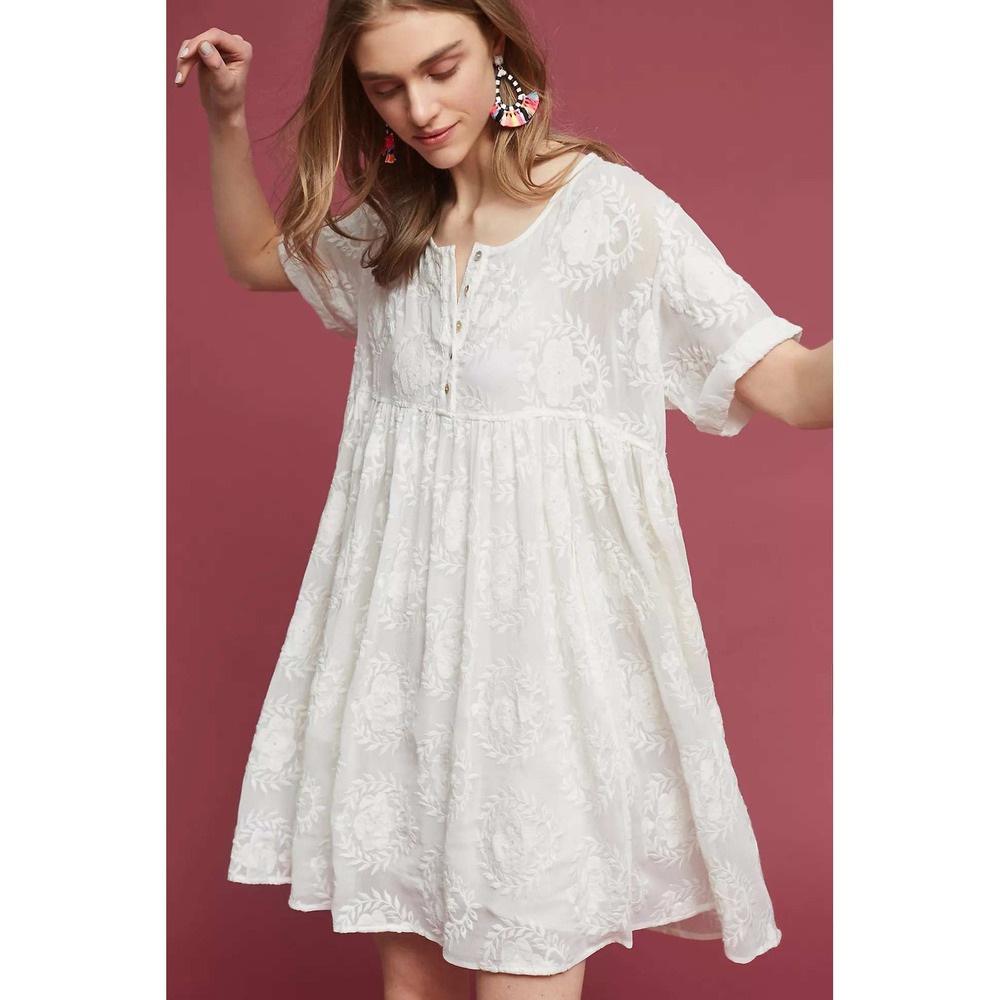 Eri + Ali Anthropologie Sheer White  Embroidered Babydoll Dress Petite Medium MP